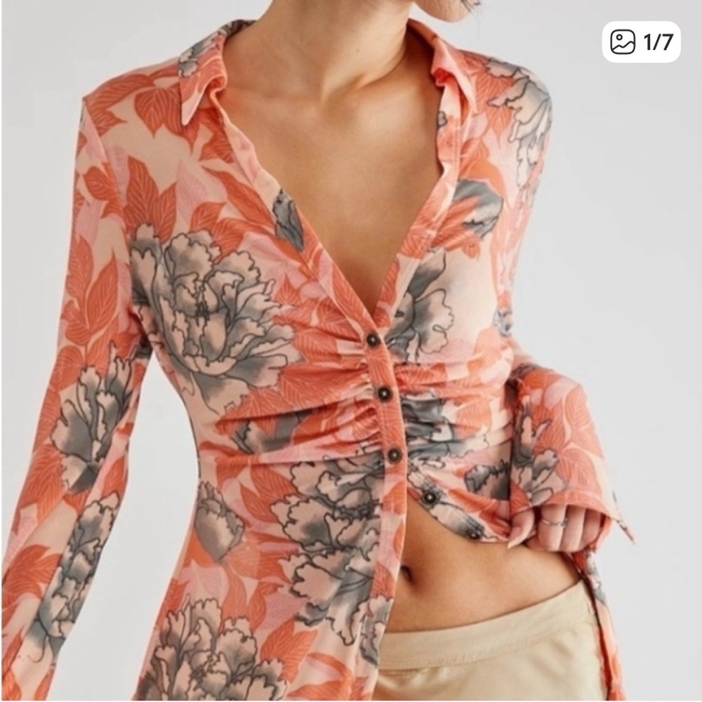 Free People Coral Gray Floral Button Down Shirt